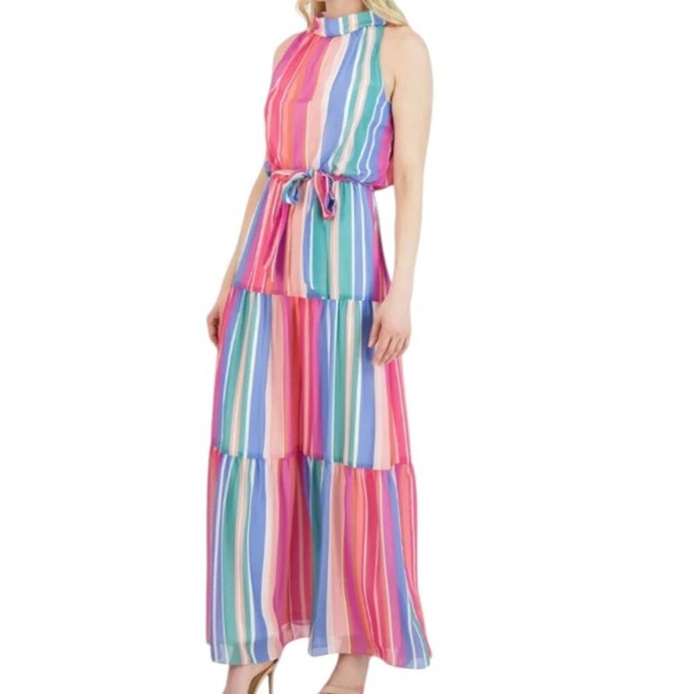 Julia Jordan Women's Size 16 Pastel Chiffon Striped Tiered Sleeveless Maxi Dress